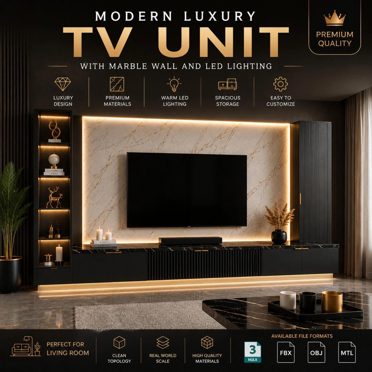 Modern Luxury TV Unit with Marble Wall and LED Lighting