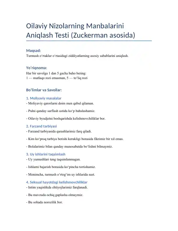 Oilaviy Nizolarning Manbalarini Aniqlash Testi