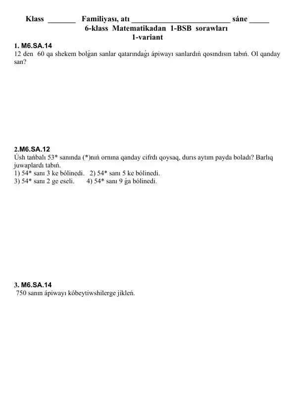 6-klass Matematikadan 1-BSB sorawları