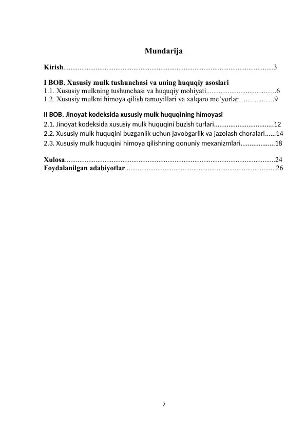 Xususiy mulk tushunchasi va uning huquqiy asoslari