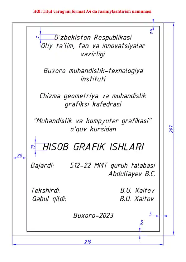HGI: Titul varag’ini format A4 da rasmiylashtirish namunasi.