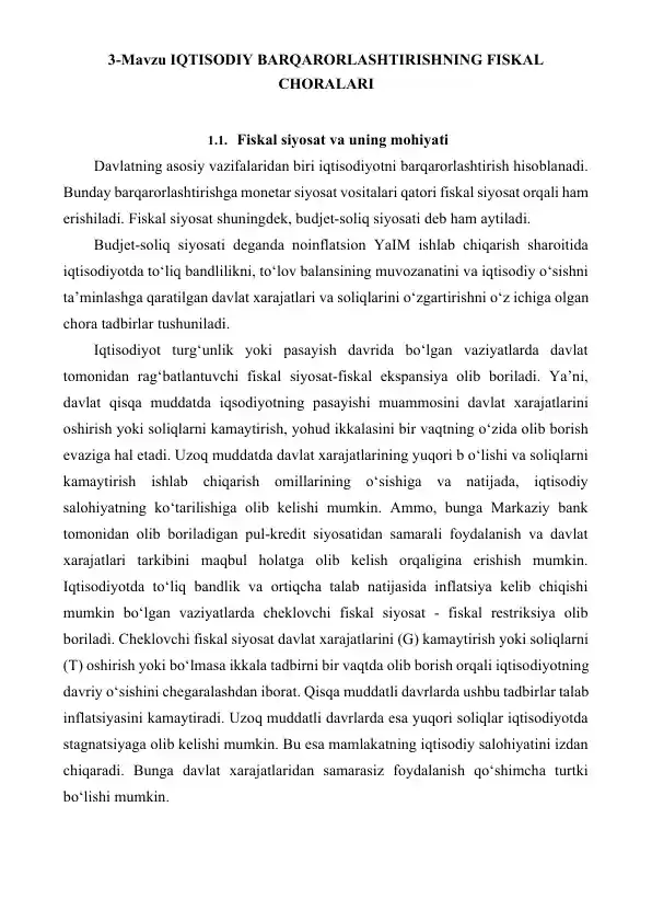 IQTISODIY BARQARORLASHTIRISHNING FISKAL CHORALARI
