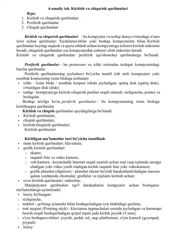 Kiritish va chiqarish qurilmalari