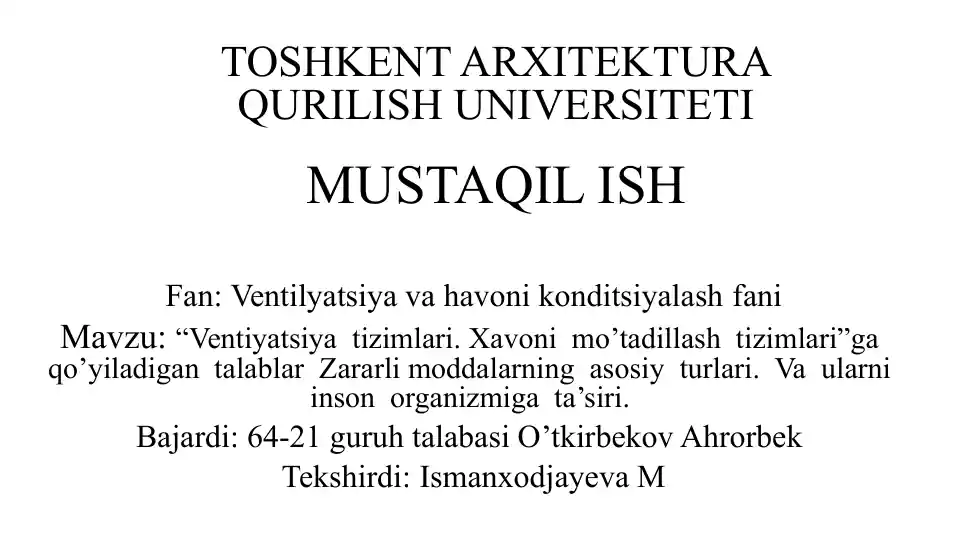 Ventilyatsiya va havoni konditsiyalash tizimlari