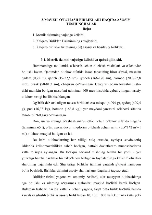 O'lchash birliklari haqida asosiy tushunchalar