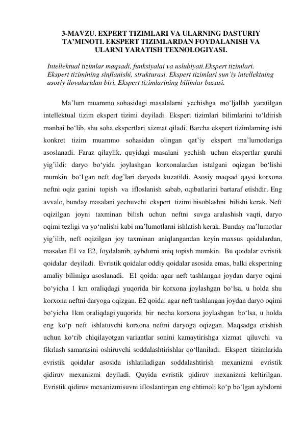 EXPERT TIZIMLARI VA ULARNING DASTURIY TA’MINOTI