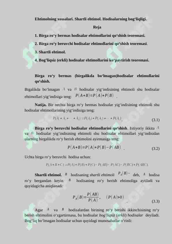 Ehtimolning xossalari. Shartli ehtimolShartli ehtimol. Hodisalarning bog‘liqligi.