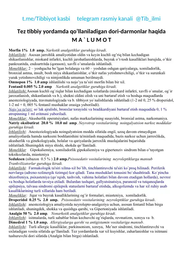 Tibbiyot kasbi uchun dori-darmonlar to‘plami