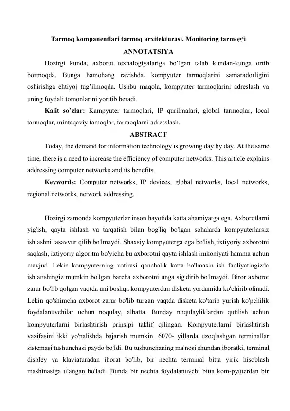 Tarmoq kompanentlari tarmoq arxitekturasi