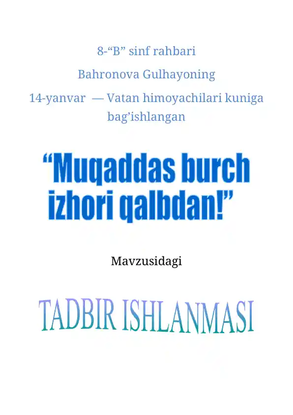 Vatan himoyachilari kuniga bag’ishlangan tadbir senariysi