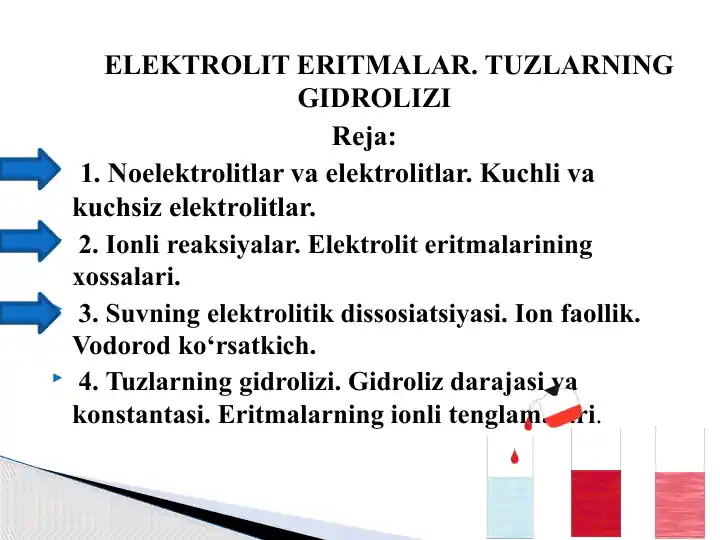 Elektrolit eritmalar. Tuzlarning gidrolizi