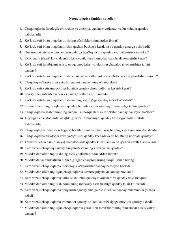 Neonatologiya fanidan savollar