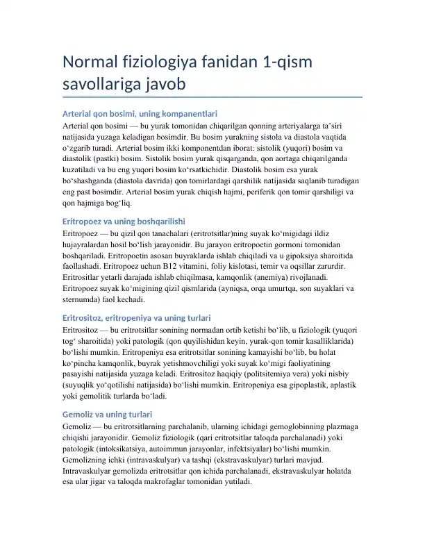Normal fiziologiya fanidan 1-qism savollariga javob