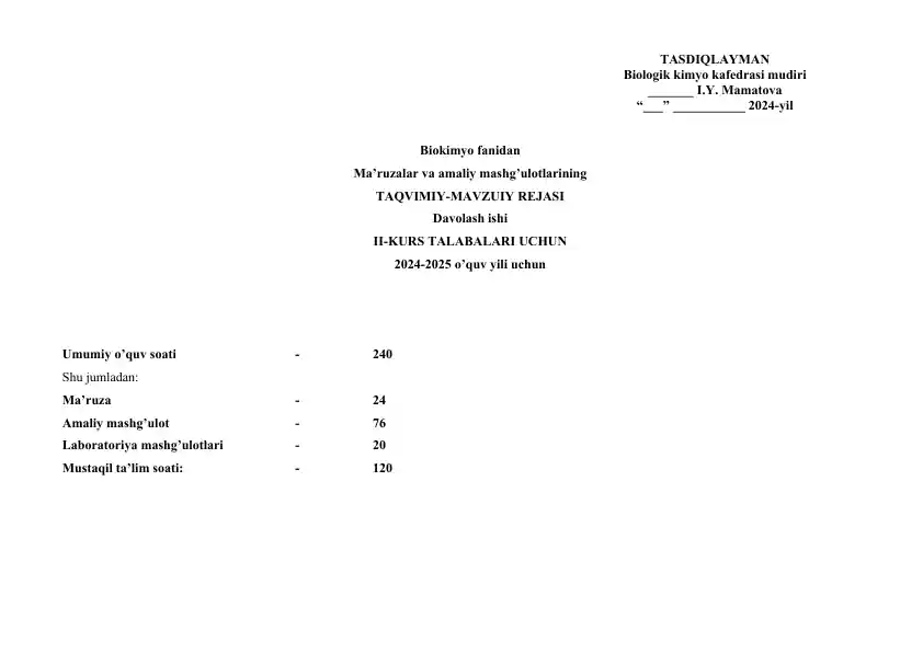 Biokimyo fanidan Ma’ruzalar va amaliy mashg’ulotlarining TAQVIMIY-MAVZUIY REJASI