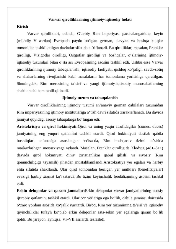 Varvar qirolliklarining ijtimoiy-iqtisodiy holati