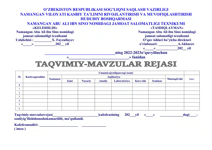 Namangan Abu Ali ibn Sino nomidagi jamoat salomatligi texnikumi taqvimiy mavzular rejasi