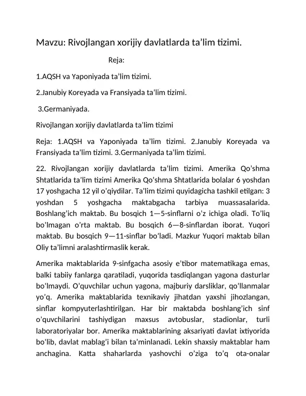 Rivojlangan xorijiy davlatlarda ta’lim tizimi