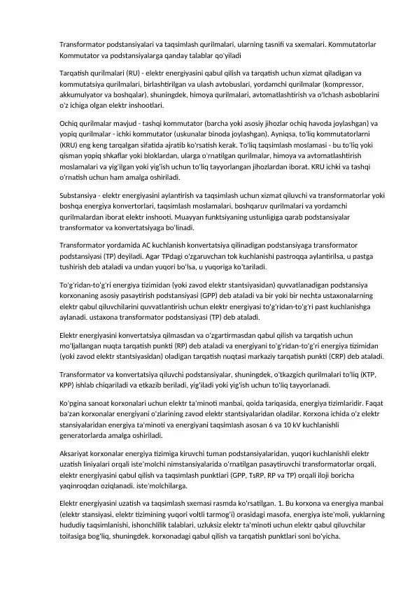 Transformator podstansiyalari va taqsimlash qurilmalari