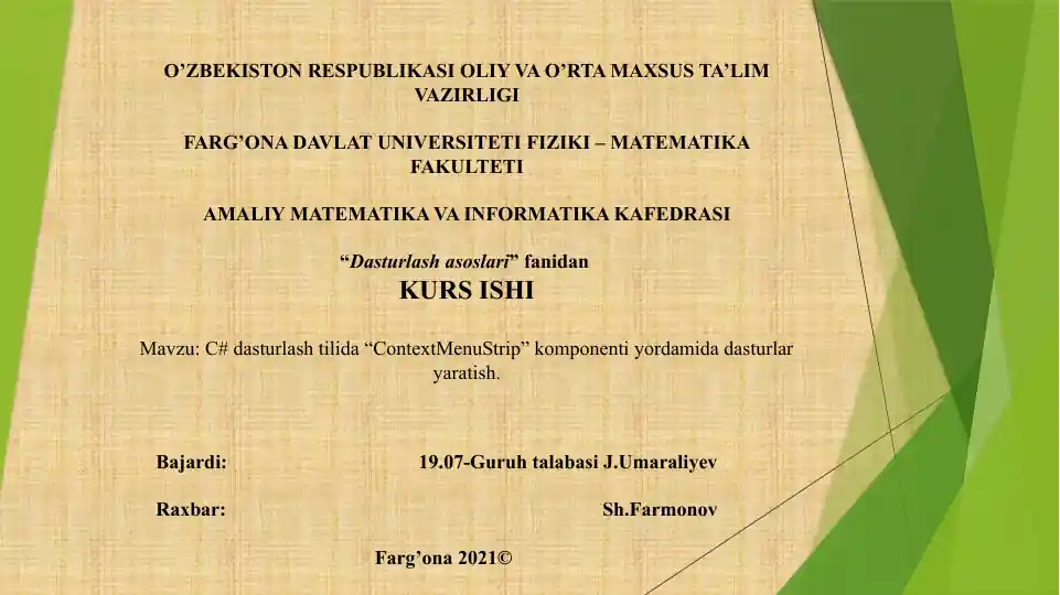 C# dasturlash tilida “ContextMenuStrip” komponenti yordamida dasturlar yaratish