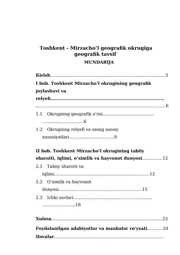 Toshkent - Mirzacho‘l geografik okrugiga geografik tavsif. Kurs ishi