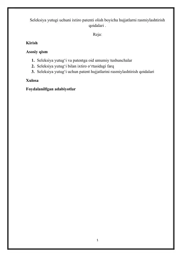 Seleksiya yutugi uchuni ixtiro patenti olish boyicha hujjatlarni rasmiylashtirish qoidalari