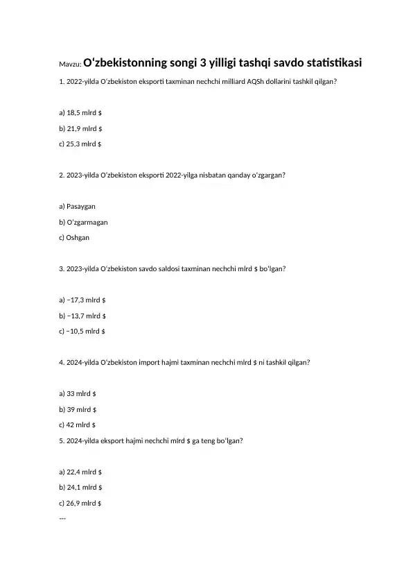 O‘zbekistonning songi 3 yilligi tashqi savdo statistikasi