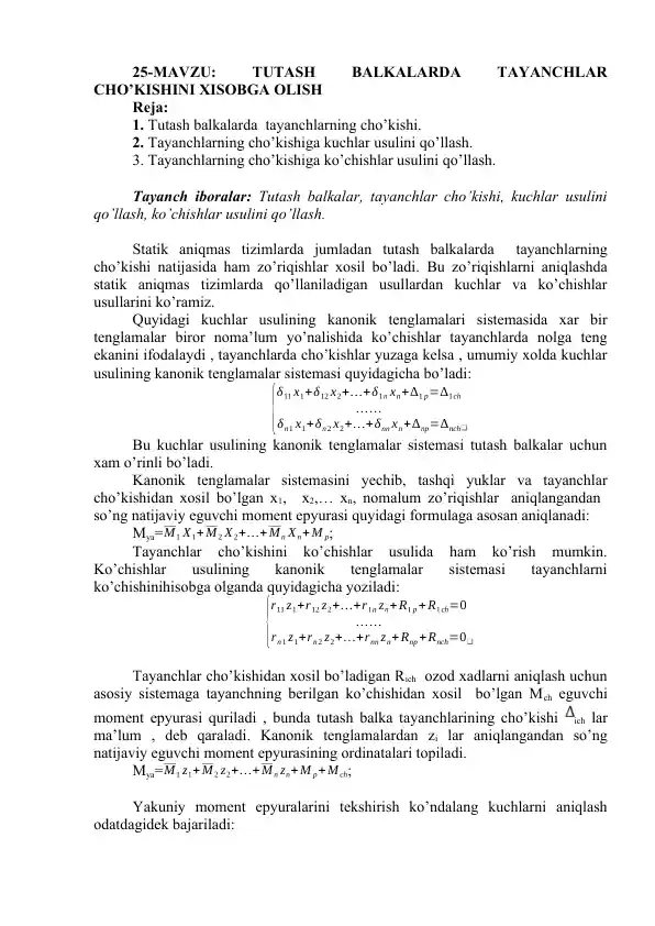 Tayanchlar Cho’kishini Xisobga Olish