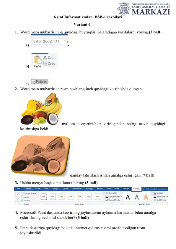 6-sinf Informatikadan BSB-1 savollari