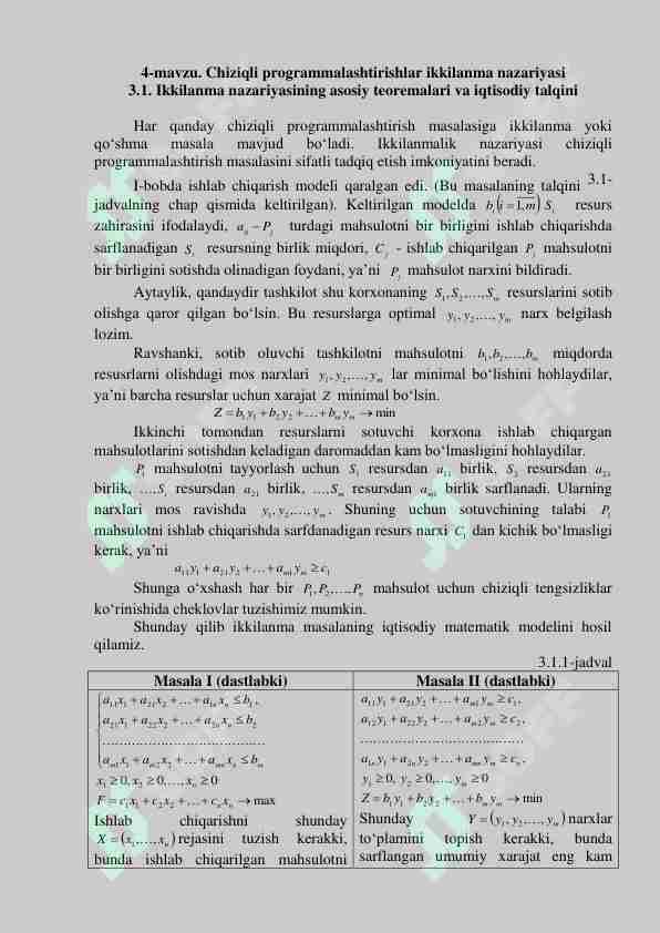 Chiziqli programmalashtirishlar ikkilanma nazariyasi