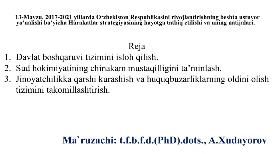 O'zbekiston Respublikasini rivojlantirishning beshta ustuvor yo‘nalishi bo‘yicha Harakatlar strategiyasi