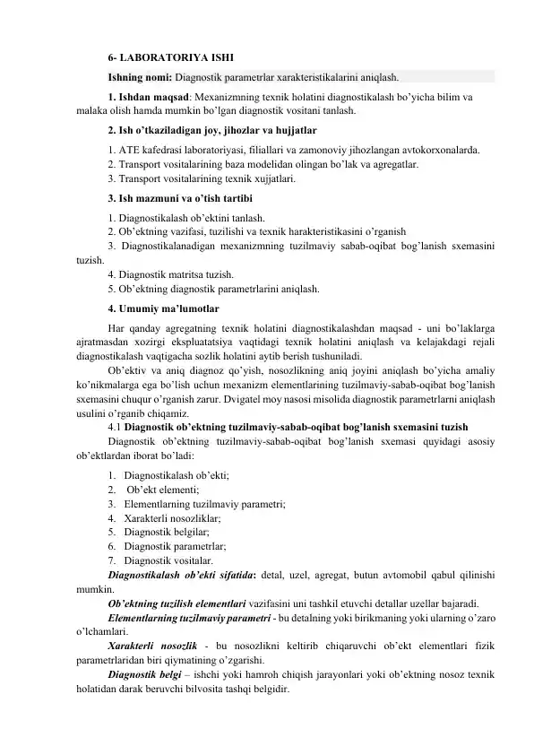 Laboratoriya ishi: Diagnostik parametrlar xarakteristikalarini aniqlash
