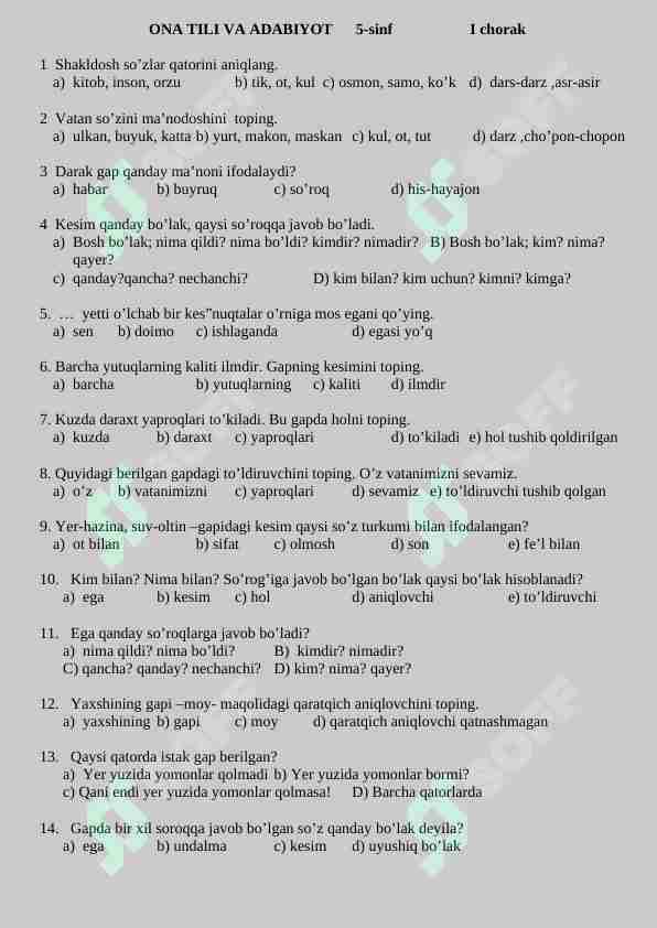 5-sinf ona tili adabiyotdan test