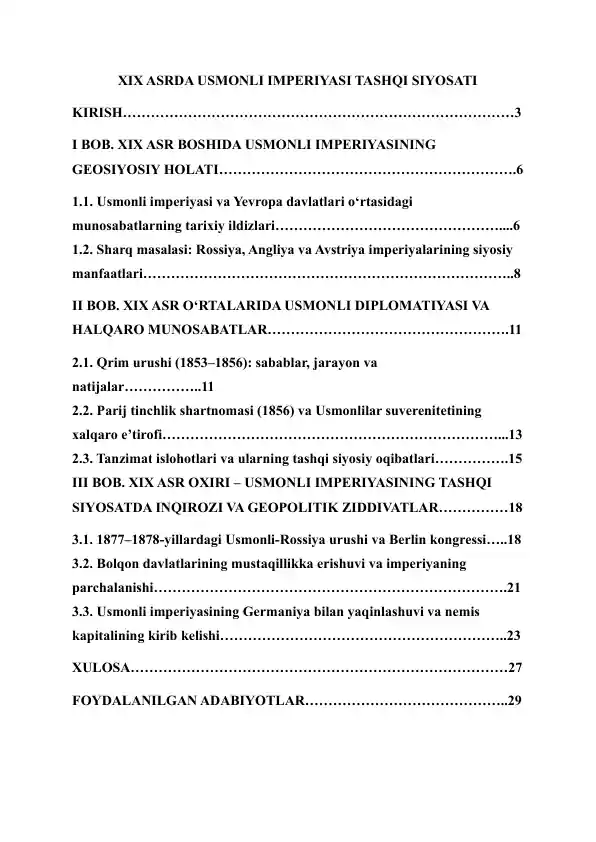 XIX Asrda Usmonli Imperiyasi Tashqi Siyosati