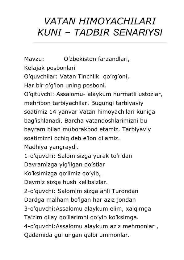 VATAN HIMOYACHILARI KUNI – TADBIR SENARIYSI