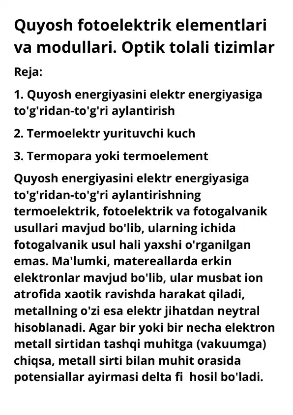 Quyosh fotoelektrik elementlari va modullari