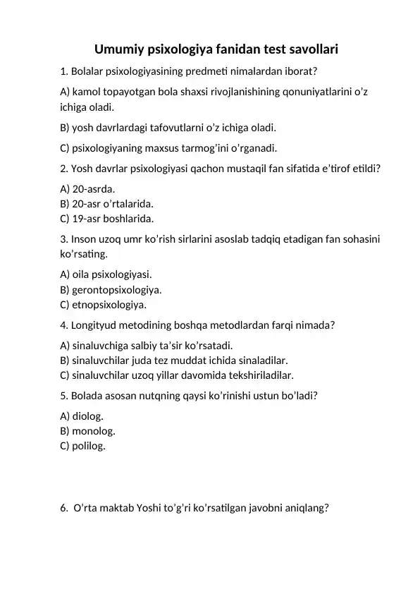 Umumiy psixologiya fanidan test savollari