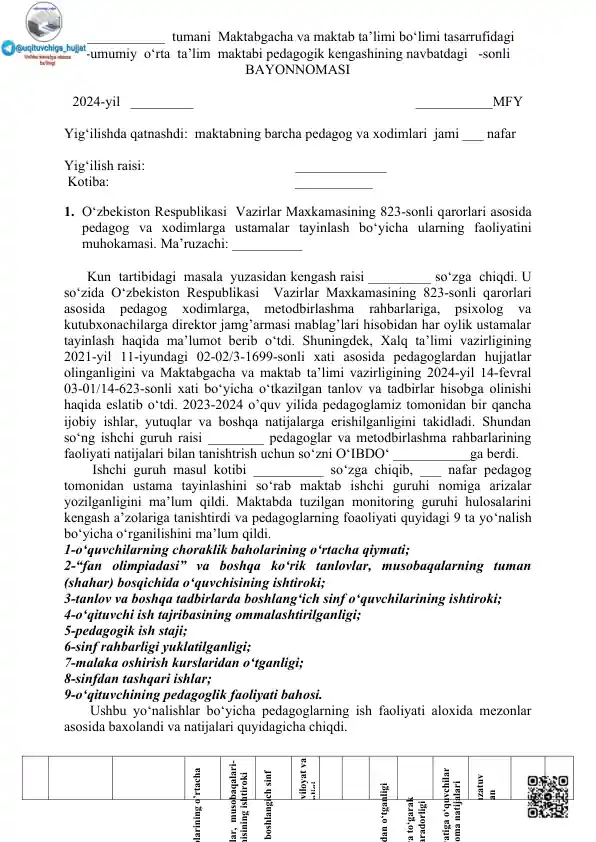 Umumiy Ortta O‘rta Ta‘lim Maktabi Pedagogik Kengash BAYONNOMASI