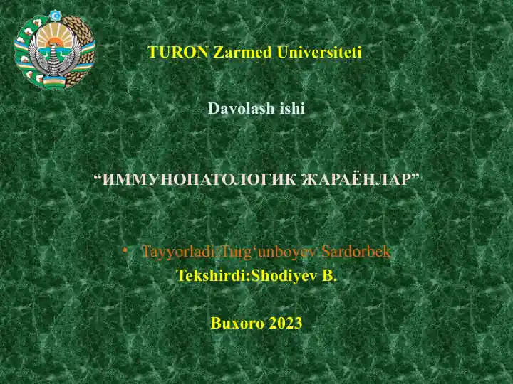 Davolash ishi "ИММУНОПАТОЛОГИК ЖАРАЁНЛАР"