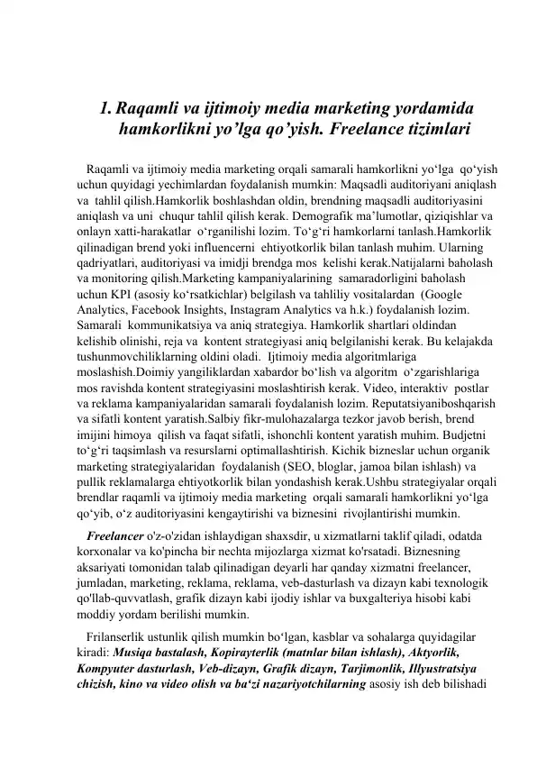 Freelancer tizimlari. AR ilovalari. QR kod bilan ishlash