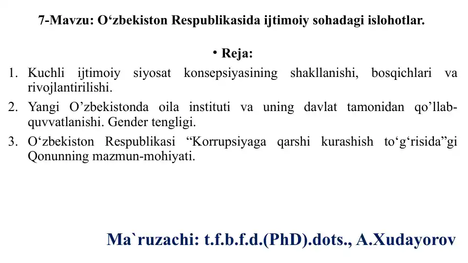 O‘zbekiston Respublikasida ijtimoiy sohada gi islohotlar