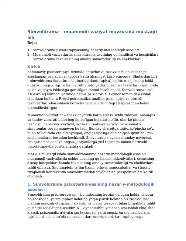 Simvoldrama – muammoli vaziyat mavzusida mustaqil ish