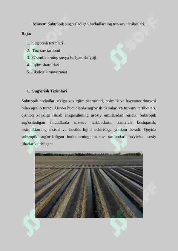 Subtropik sug'oriladigan hududlarning tuz-suv tartibotlari.