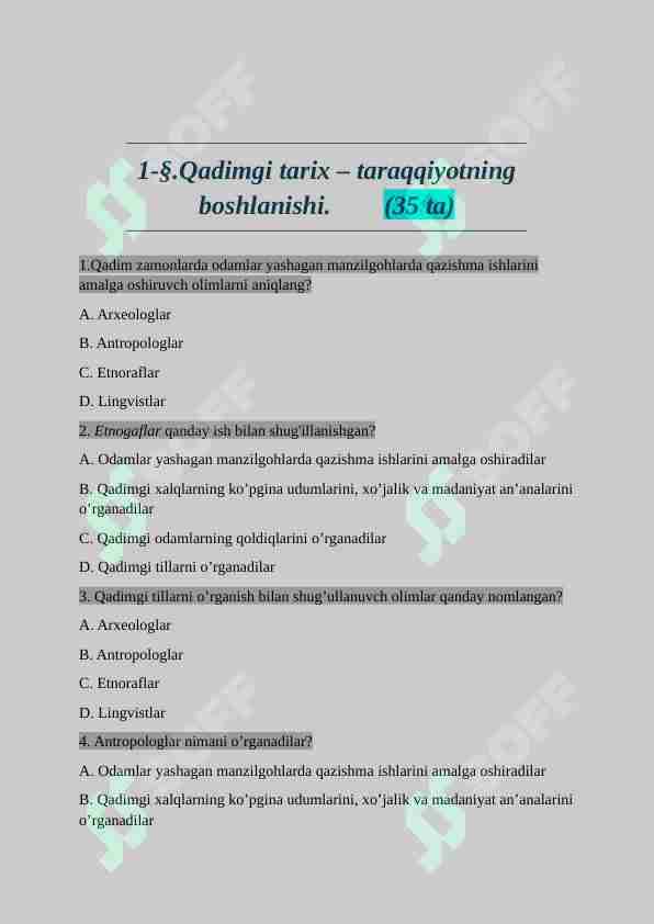 6-sinf tarix fanidan test javoblari bilan.
