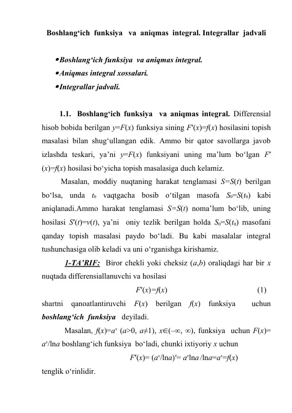 Boshlang‘ich funksiya va aniqmas integral. Integrallar jadvali