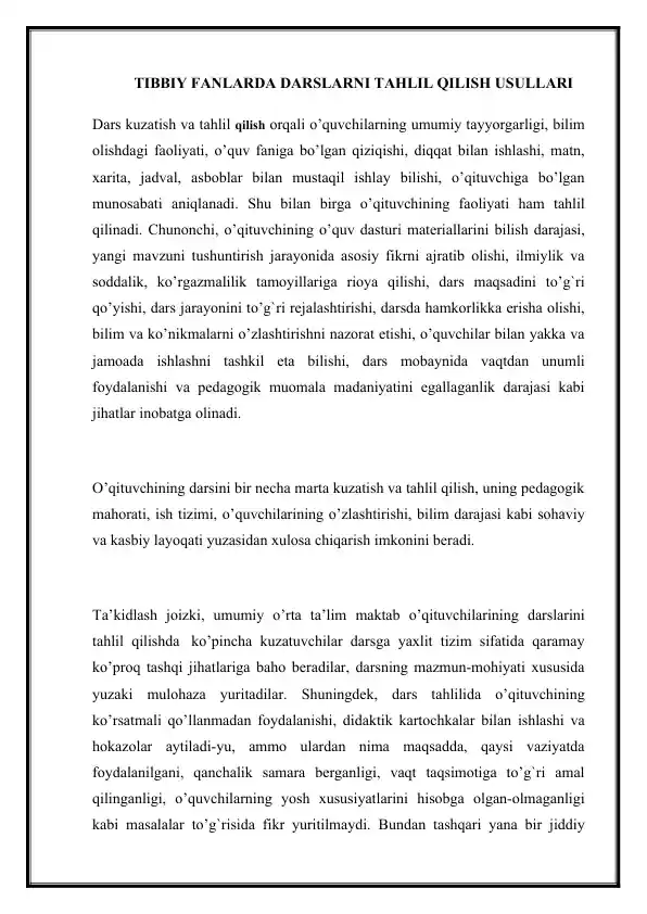 TIBBIY FANLARDA DARSLARNI TAHLIL QILISH USULLARI