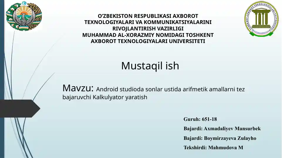 Android Studio dasturlar ustida arifmetika amallarni tez bajaruvchi Kalkulyator yaratish