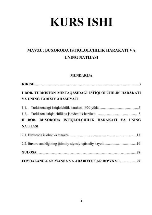 Buxoroda istiqlolchilik harakati va uning natijasi (kurs ishi)