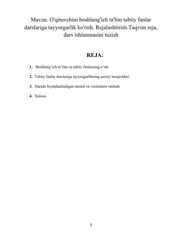 O'qituvchini boshlang'ich ta'lim tabiiy fanlar darslariga tayyorgarlik