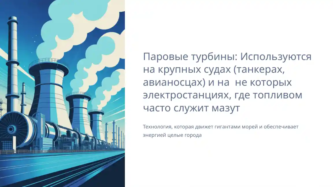 Паровые турбины: Используются на крупных судах (танкерах, авианосцах) и на не которых электростанциях, где топливом часто служит мазут