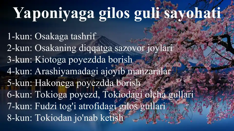 Yaponiyaga sayohat. Taqdimot 10 bet. Juda chiroyli va sifatli, mehr berib tayyorlangan taqdimot. Shunday taqdimotlar kerak bo'lsa buyurtma berishingiz mumkin.